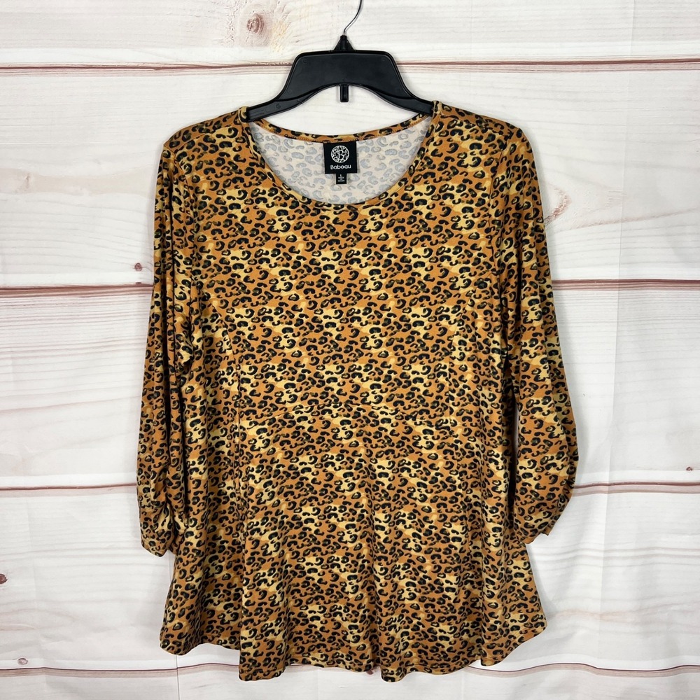 Bobeau Top Womens Large Leopard Print Blouse 3/4 Sleeve Knit Swing Pullover